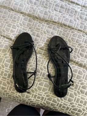SCHUTZ Black Patent Croc-Embossed Strappy Sandals